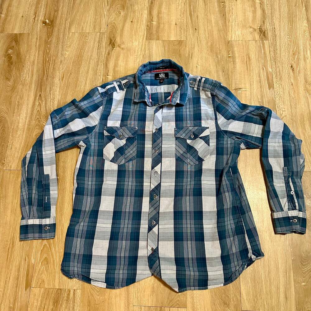 ROCK & REPUBLIC Stretch Teal Gray Plaid Button Down Shirt Roll Tab Sleeve